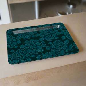 Rectangular decorative tray (10.5” x 8”) adorned with a bold floral pattern of peony blossoms in rich teal shades.