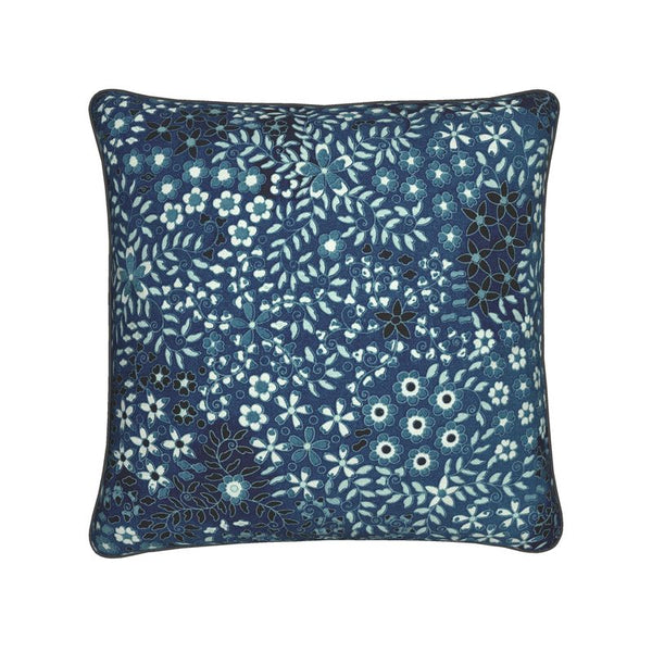 Cotton Linen Throw Pillow - Jardin Festive Blue