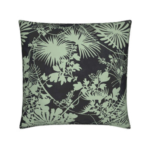 A square-shaped throw pillow with a dark background featuring a green botanical tangle pattern.