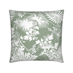Square, soft velvet throw pillow featuring a whitebotanical pattern of dense foliage, including large fan-shaped leaves and intertwining vines, on a muted sage green background.
