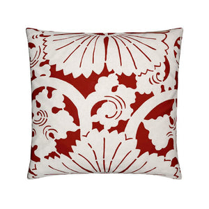 Luxurious velvet throw pillow with a deep red and white floral stencil design, influenced by Japanese artistry.