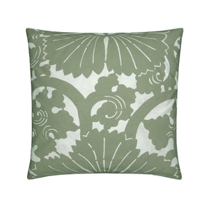 Elegant sage green and white velvet throw pillow with a vintage-inspired Japanese stencil pattern.