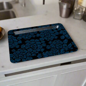 Rectangular decorative tray (10.5” x 8”) showcasing an elegant floral design with stylized peony flowers in dark blue tones.