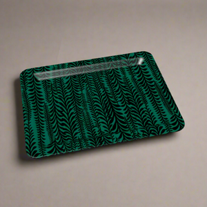 Rectangular decorative tray (10.5” x 8”) featuring a detailed green fern leaf pattern against a black background, inspired by botanical designs.
