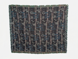 Woven blanket featuring a repeating Japanese katagami-inspired bamboo motif. Pale beige bamboo stalks and leaves in two shades of blue-green stand out against a charcoal gray background.