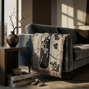 Woven blanket featuring a dark blue and white katagami design of plum blossoms and vines on branches, alternating stripes.