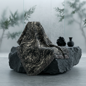 Decorative black and white patterned throw blanket draped over a stone surface with a misty forest background.