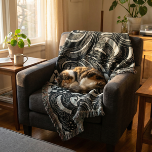 Woven blanket featuring a dynamic Japanese wave (nami) pattern in black, light blue, and white, with fringed edges. It is draped over a dark armchair, with a sleeping calico cat.