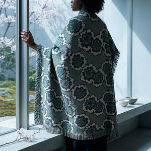 Person wearing a patterned green and white shawl by a window with cherry blossoms outside.