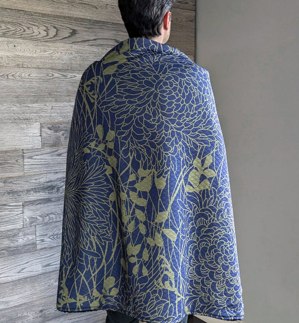 Chrysanthemums Dark Blue Quilted Throw Blanket (52" x 38")