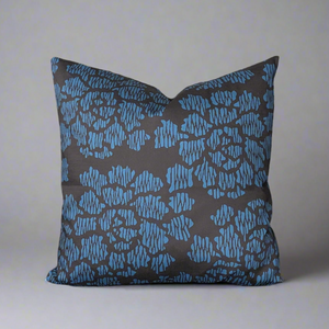 Modern Peony Throw Pillow - Blue/Black (Cotton Linen)