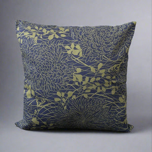 Chrysanthemums Throw Pillow - Olive/Midnight Blue (Cotton Linen)