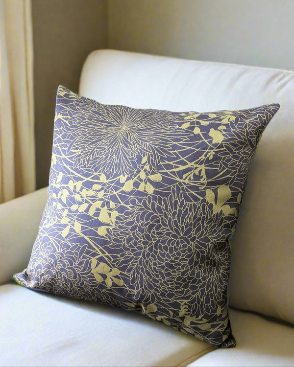 Chrysanthemums Throw Pillow - Olive/Midnight Blue (Cotton Linen)