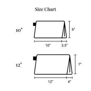 Black-and-white size chart for a cosmetic bag, showing two size options: 10-inch and 12-inch. The 10-inch bag measures 10” wide, 6” tall, and 3.5” deep, while the 12-inch bag measures 12” wide, 7” tall, and 4” deep. The diagram illustrates the bag’s shape and dimensions.