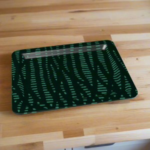 A sleek rectangular tray showcasing an abstract green design against a dark background, ideal for stylish storage or serving.