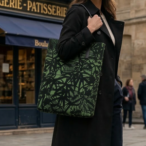 Tote bag with a dense pattern of stylized bamboo leaves in green and black.