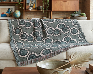 Living room with a patterned blanket draped over a sofa, a bowl on a table, and decorative items on shelves.