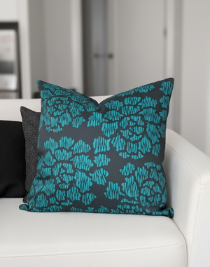 Modern Peony Throw Pillow - Teal (Cotton Linen)