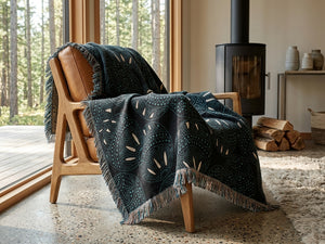 Patterned blanket draped over a wooden chair in a room with a fireplace and large windows.