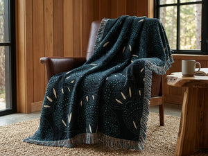 Patterned blanket draped over a brown leather chair in a cozy room with wooden walls and a small table.